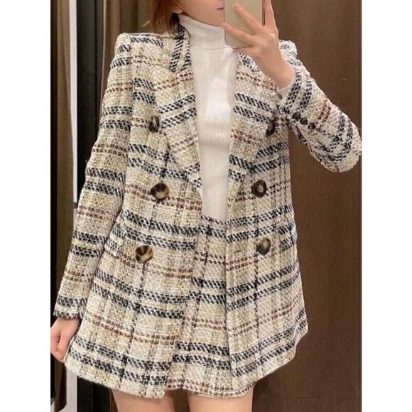 ZARA WOMAN DOUBLE-BREASTED TEXTURED CHECK BLAZER SAND BLACK 2075/299 FW20 Large - Picture 14 of 14